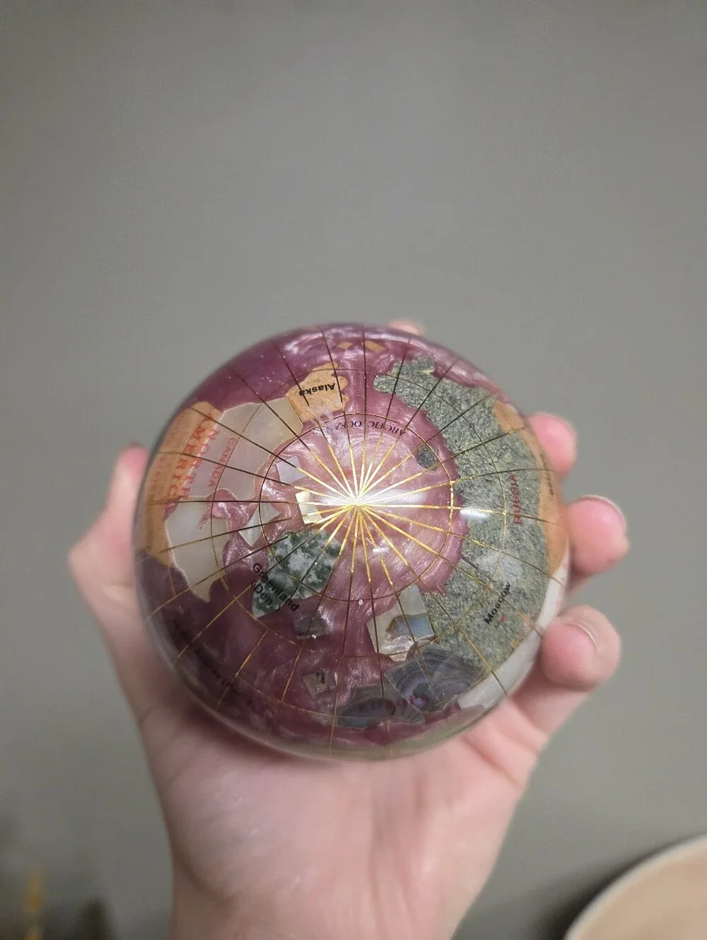 Handmade Gemstone World Globe Paperweight Pink Rose Quartz Ocean Decor